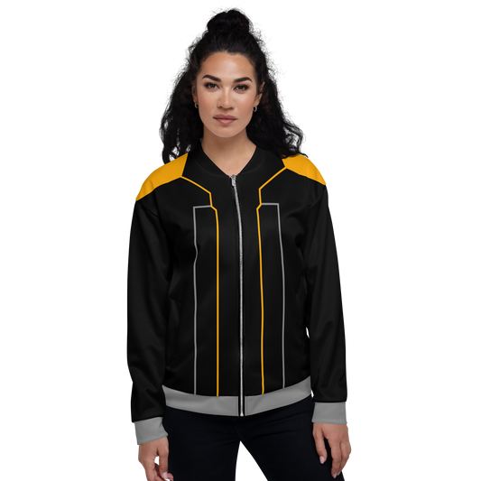 A tron style bomber jacket taking direct inspiration from the game My Furry Protogen 2 by Dirty Fox Studios. The jacket features sharp lines and contrasting details of orange and gray on a black fabric with large orange shoulders.